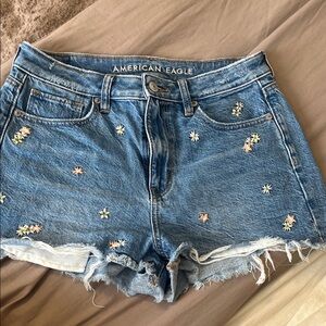 American Eagle Outfitters Blue Embroidered Daisy Denim Cutoff Shorts